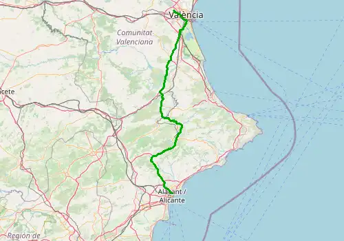 Route map Valencia Airport - Alicante, 171 km, approx. 117 min