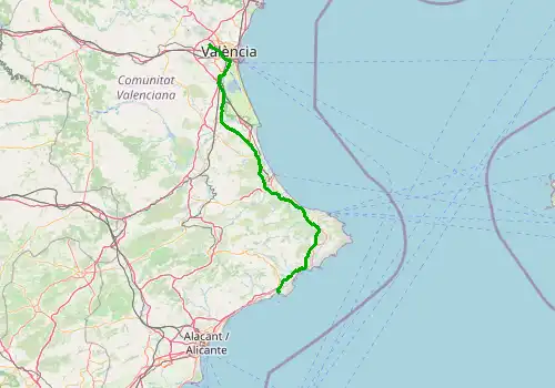 Route map Valencia Airport - Benidorm, 147 km, approx. 92 min