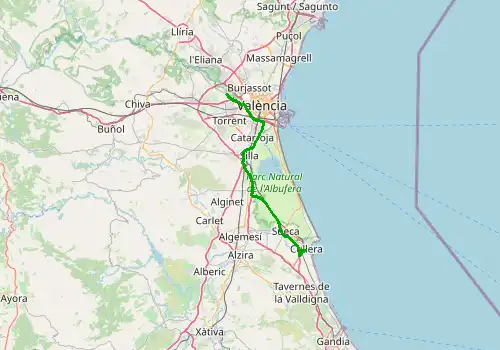 Route map Valencia Airport - Cullera, 54 km, approx. 41 min