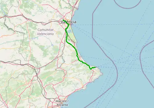 Route map Valencia Airport - Denia, 112 km, approx. 77 min