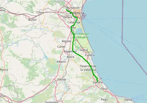Route map Valencia Airport - Gandia, 77 km, approx. 54 min