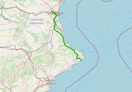 Route map Valencia Airport - Moraira, 128 km, approx. 88 min