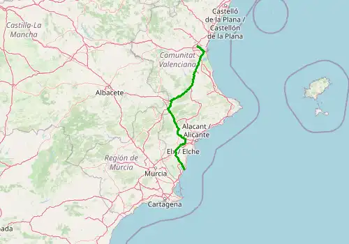 Route map Valencia Airport - Torrevieja, 222 km, approx. 142 min