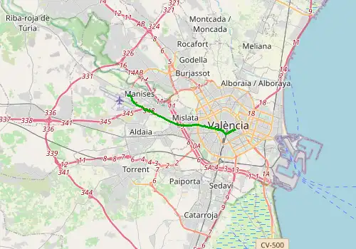 Route map Valencia Airport - Valencia City, 10 km, approx. 14 min