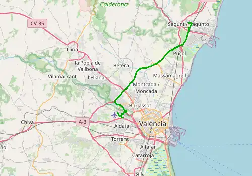 Route map Valencia Airport - Sagunto, 37 km, approx. 35 min