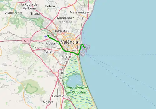 Route map Valencia Airport - Valencia port, 22 km, approx. 27 min
