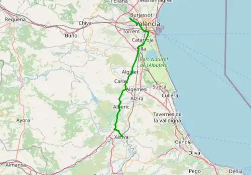 Route map Valencia Airport - Xativa (Jativa), 69 km, approx. 51 min
