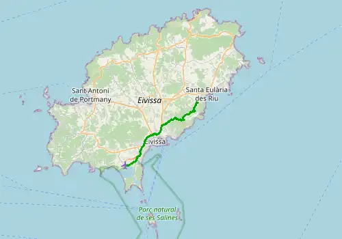 Route map Ibiza Airport - Cala Llonga, 20 km, approx. 31 min