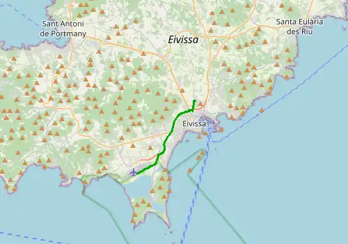 Route map Ibiza Airport - Cala San Vincente,Ibiza, 9 km, approx. 16 min