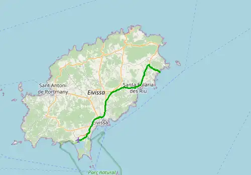 Route map Ibiza Airport - Cala Llenya, 32 km, approx. 51 min