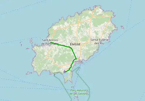 Route map Ibiza Airport - San Antonio (Sant Antoni), Ibiza, 22 km, approx. 33 min