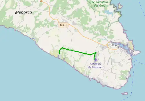 Route map Menorca Airport - Cala n Porter, 10 km, approx. 16 min