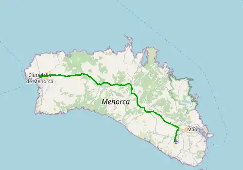 Route map Menorca Airport - Ciutadella, 46 km, approx. 54 min