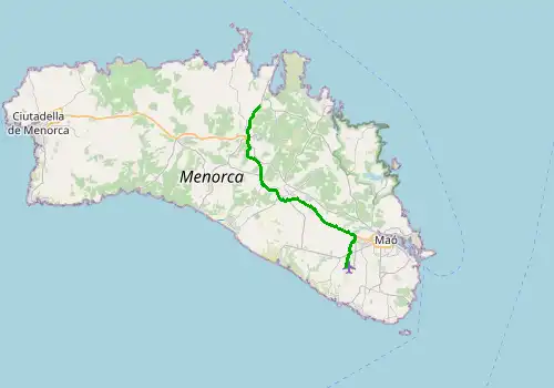 Route map Menorca Airport - Es Mercadal, 25 km, approx. 28 min