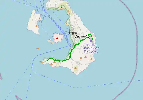 Route map Santorini Airport - Akrotiri, 16 km, approx. 20 min