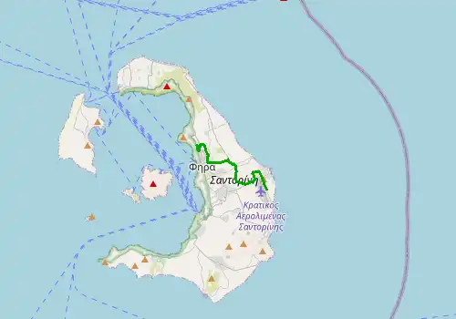 Route map Santorini Airport - Firostefani, 9 km, approx. 11 min