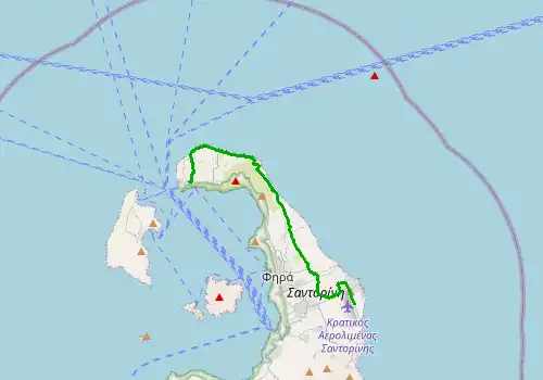 Route map Santorini Airport - Oia, 19 km, approx. 21 min