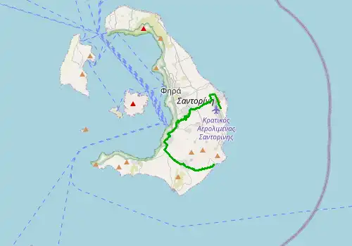 Route map Santorini Airport - Perissa, 15 km, approx. 19 min