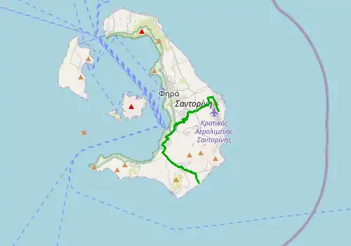 Route map Santorini Airport - Perivolos, 15 km, approx. 19 min