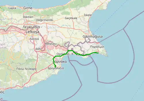 Route map Larnaca Airport - Ayia Napa, 54 km, approx. 44 min
