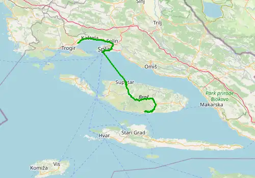 Route map Split Airport - Bol, island of Brac, 73 km, approx. 176 min