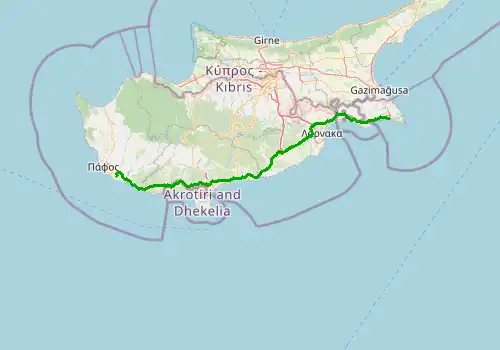 Route map Paphos Airport - Ayia Napa, 168 km, approx. 127 min