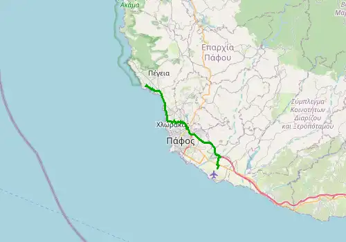 Route map Paphos Airport - Coral Bay, 25 km, approx. 35 min