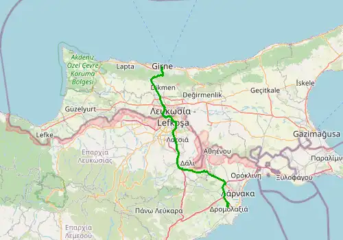 Route map Larnaca Airport - Kyrenia, 77 km, approx. 79 min