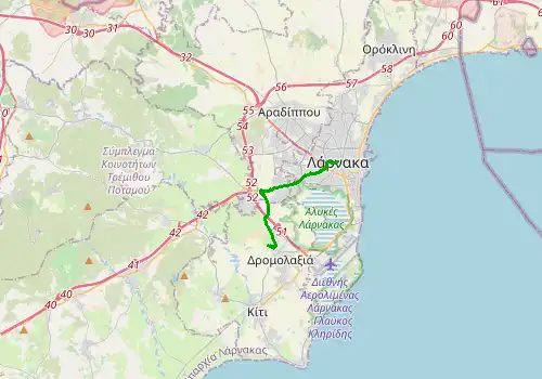 Route map Larnaca Airport - Larnaca, 10 km, approx. 16 min