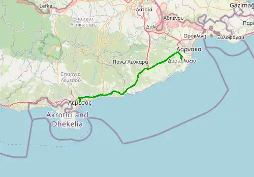 Route map Larnaca Airport - Limassol, 68 km, approx. 55 min