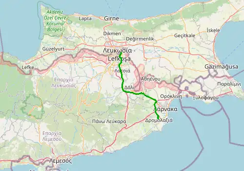 Route map Larnaca Airport - Nicosia, 51 km, approx. 48 min