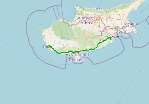Route map Larnaca Airport - Paphos, 131 km, approx. 99 min