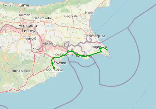 Route map Larnaca Airport - Protaras, 64 km, approx. 52 min