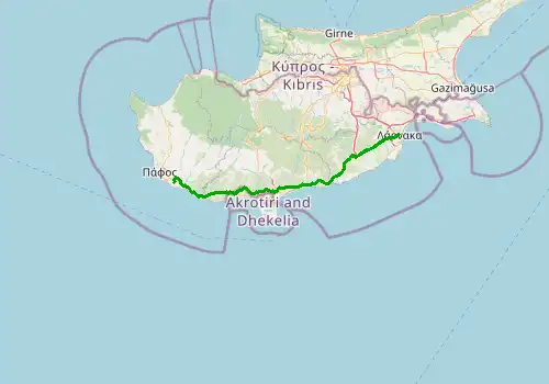 Route map Paphos Airport - Larnaca, 125 km, approx. 99 min