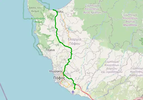 Route map Paphos Airport - Latchi, 48 km, approx. 59 min