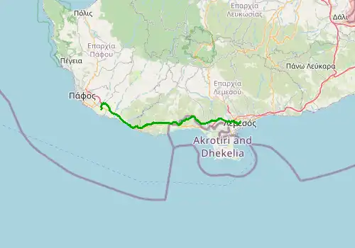 Route map Paphos Airport - Limassol, 59 km, approx. 49 min