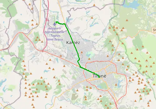 Route map Tirana Airport - Tirana, 15 km, approx. 27 min
