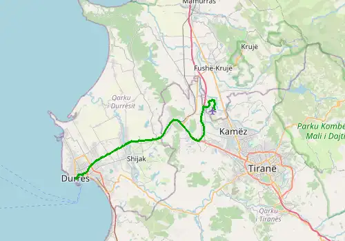 Route map Tirana Airport - Durres, 37 km, approx. 36 min