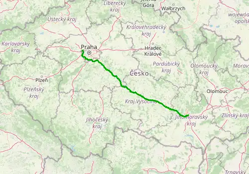 Route map Prague Airport - Brno, 227 km, approx. 136 min