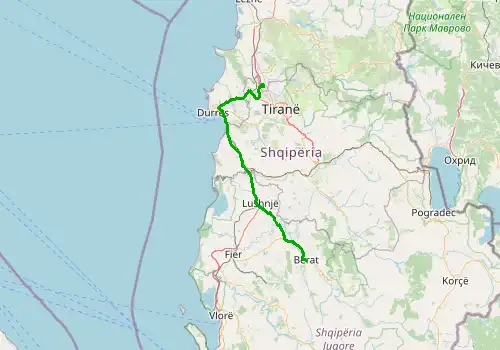 Route map Tirana Airport - Berat, 122 km, approx. 114 min