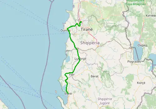 Route map Tirana Airport - Vlora, 154 km, approx. 121 min