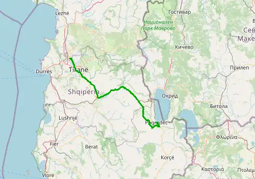 Route map Tirana Airport - Pogradec, 145 km, approx. 163 min