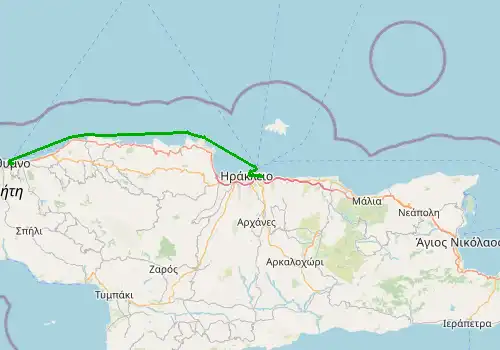 Route map Heraklion Airport - Rethymno, Island of Crete, 73 km, approx. 79 min