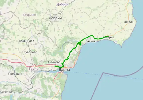 Route map Varna Airport - Kavarna, 66 km, approx. 63 min