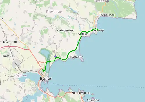 Route map Burgas Airport - Nesebar, 34 km, approx. 35 min