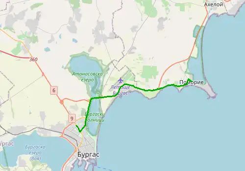 Route map Burgas Airport - Pomorie, 18 km, approx. 21 min