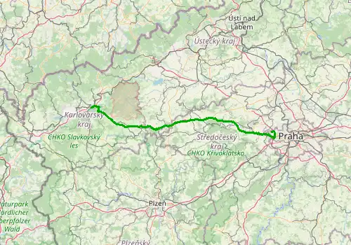 Route map Prague Airport - Karlovy Vary, 122 km, approx. 93 min