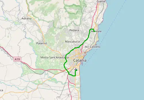 Route map Catania Airport - Acireale, 34 km, approx. 33 min
