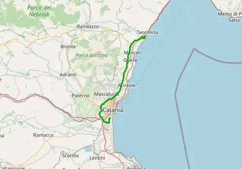 Route map Catania Airport - Giardini Naxos, Sicily Island, 62 km, approx. 46 min