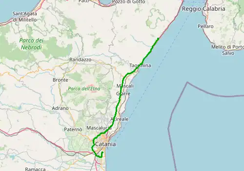 Route map Catania Airport - Letojanni, Sicily Island, 93 km, approx. 63 min